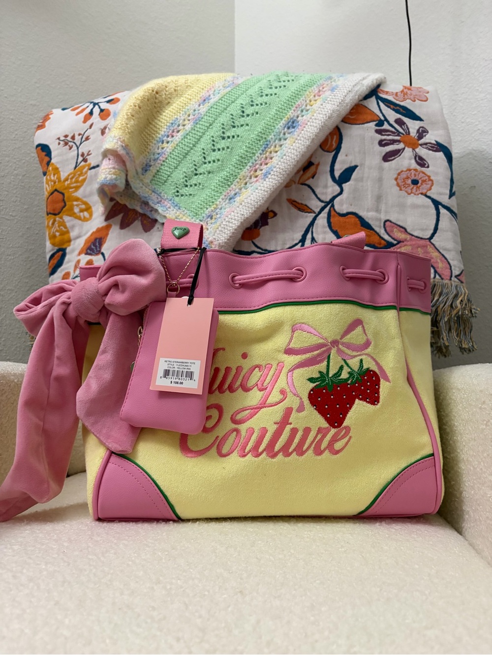 Juicy Couture Pink and Yellow Strawberry Embroidered Tote